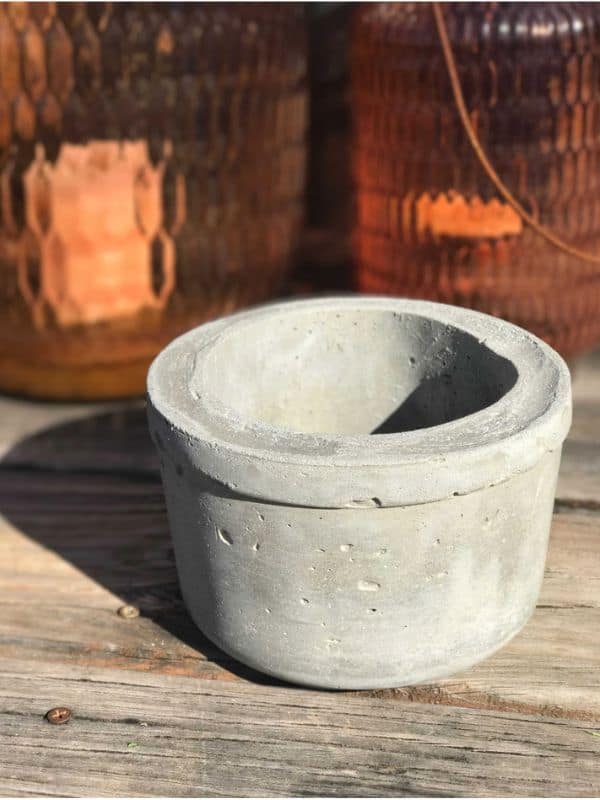 What one of our finished DIY concrete pots looks like right out of its mold | WildflowersAndWanderlust.com