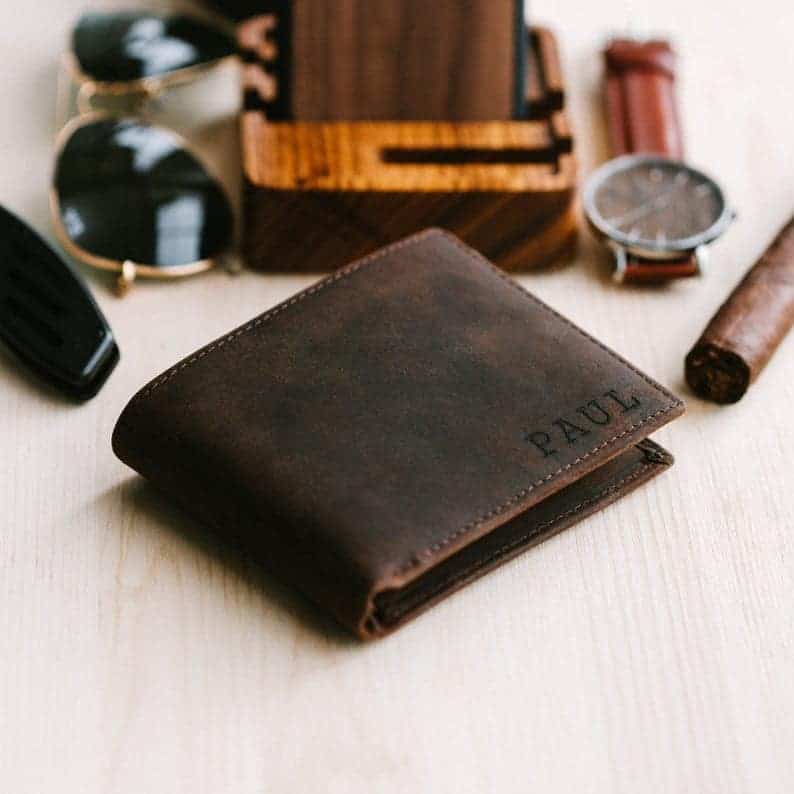 A personalized leather wallet is a useful and thoughtful Father's Day gift.  WildflowersAndWanderlust.com