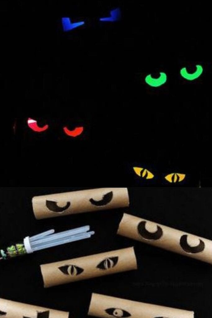 Create Spooky Eyes out of Toilet Paper and Paper towel tubes to hide in your trees for spooky Halloween decorations.